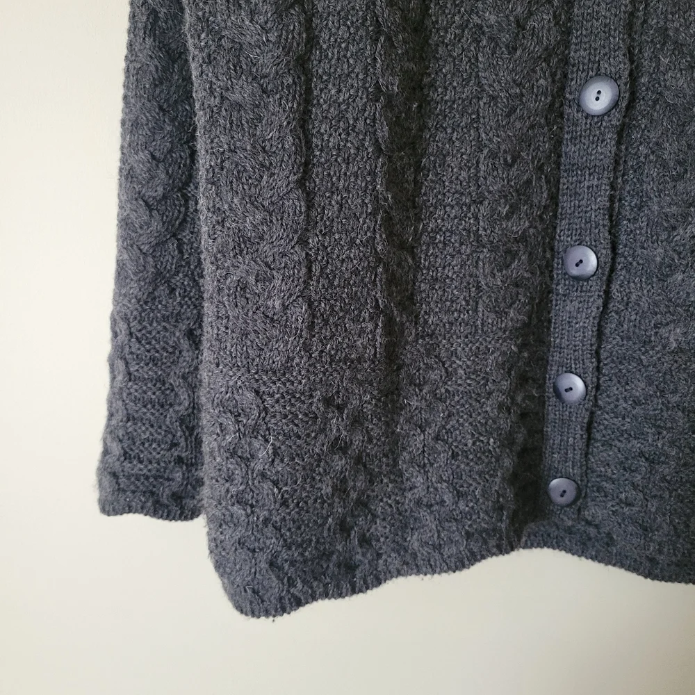 Vintage Aran Merino Wool Cable Knit Fisherman Cardigan Grey - Picture 6 of 8